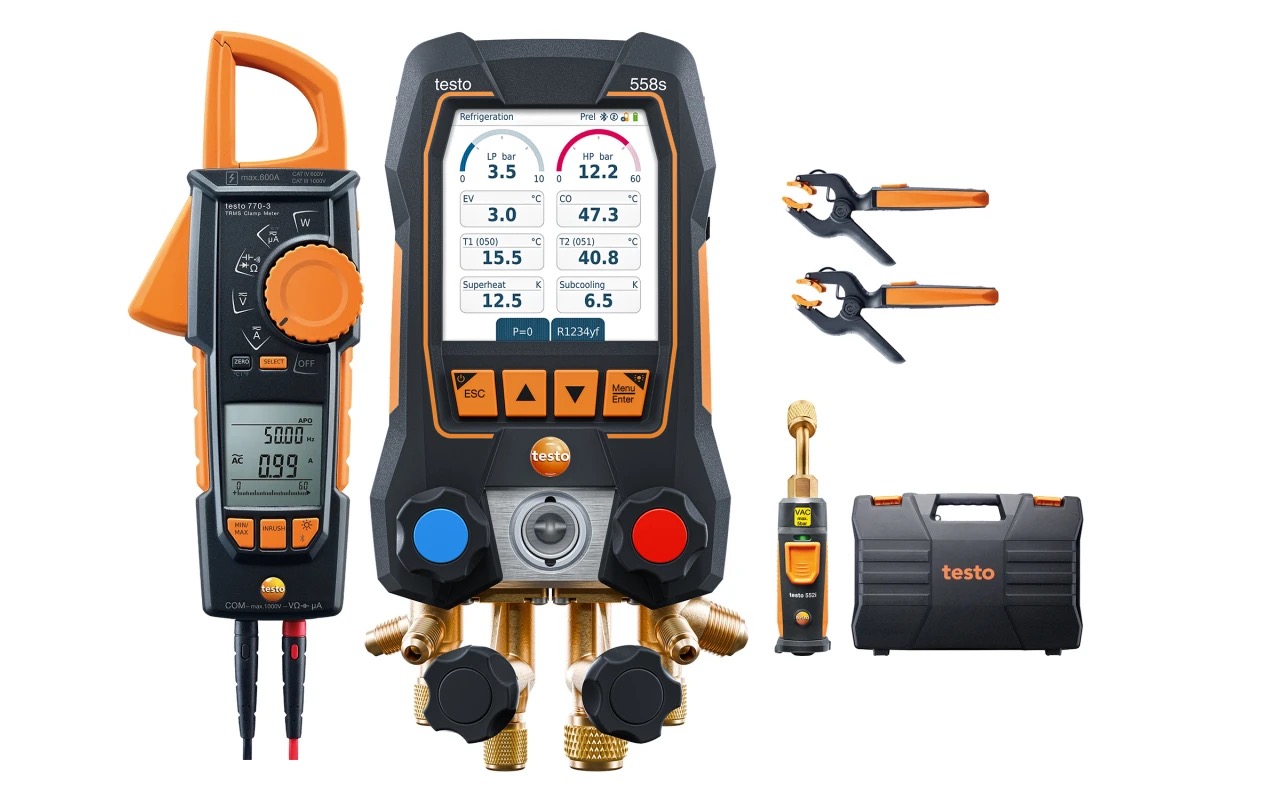 TESTO 558s okos vákuum szett - Okos szervizcsaptelep lakatfogóval és vezeték nélküli hőmérséklet- és vákuumérzékelőkkel